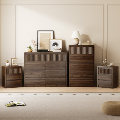 Ensemble de chambre à coucher 4 pièces, 9 tiroirs cannelés, 5 commodes et 2 tables de chevet avec tiroirs, anti-basculement