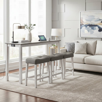 4 Piece Bar Table Set With Power Outlet,Bar Table Set With Chairs,Sofa Bar Table With Stools,Behind Couch Table With 3 Padded Stools