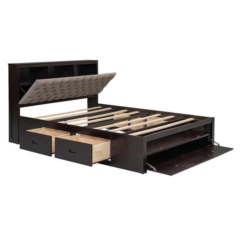 Grand lit plateforme en bois avec tête de lit, étagère à chaussures et 4 tiroirs, espresso