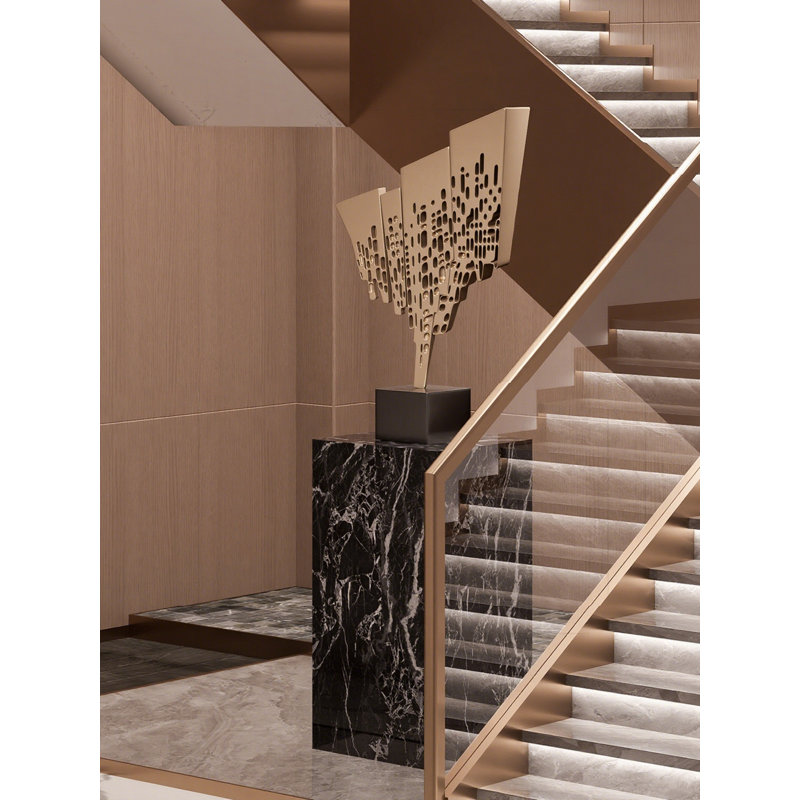 Modern Abstract Hollow-out FRP Sculpture Decoration with Marble Base, Gold/Gray