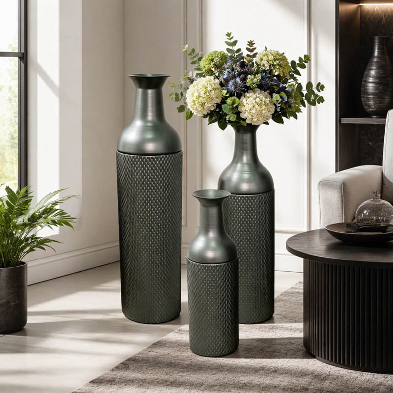Decorative Metal Vases Set of 3 Leaf Pattern Floor Vases Honeycomb Texture Lidded Tabletop Accent with Removable Top