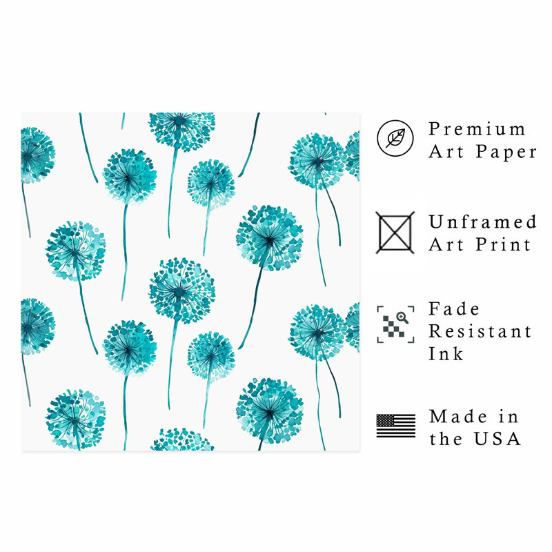 «Botanical Turquoise Teal Dandelions I», reproduction d'art moderne sans cadre, H 28 po x l 28 po