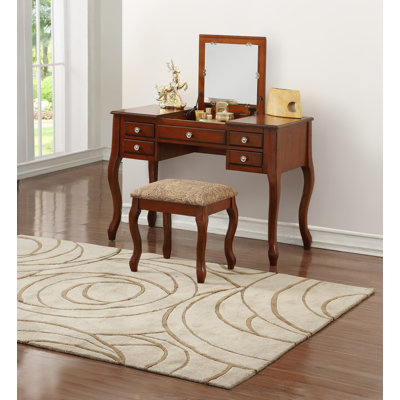 Classic 1pc Vanity Set w Stool Cherry Color Drawers Open-up Mirror Bedroom Furniture Unique Legs Cushion Seat Stool Vanity