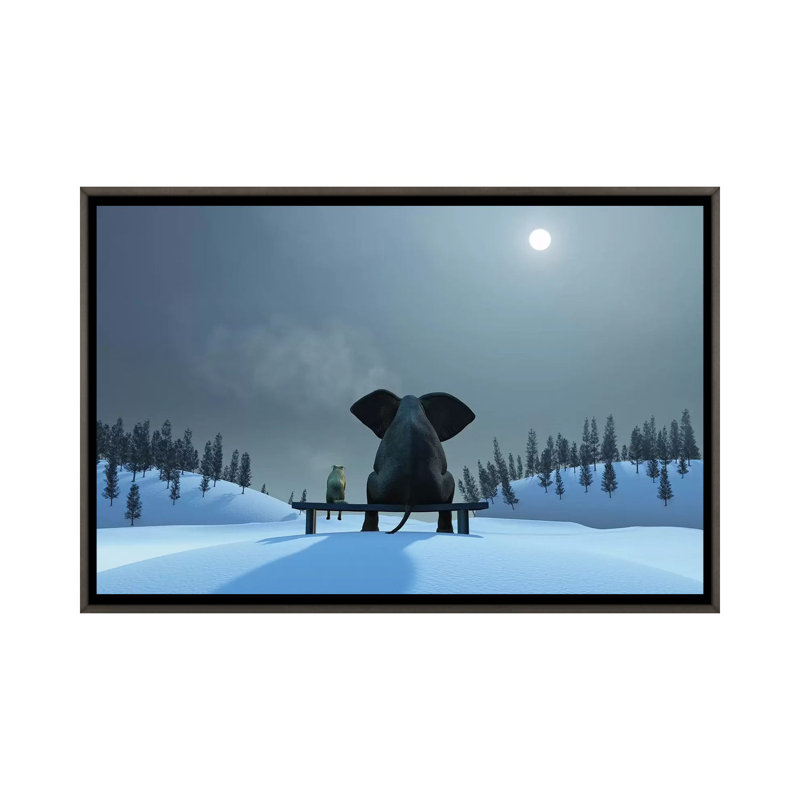 Éléphant et chien à Noël, Pas de tapis, H 26 po x l 40 po x P 1,5 po, Encadrement en bois foncé rustique