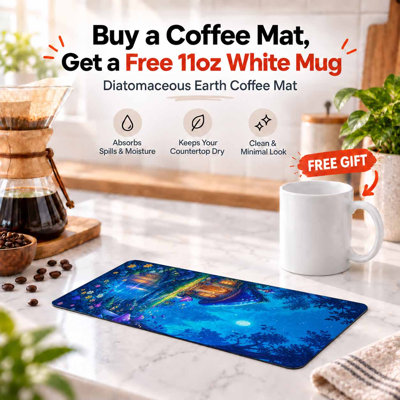 Enchanted Mushroom Cottage Coffee Mat, Super Absorbent Coffee Maker Mat, Kitchen Counter Drying Pad, Non Slip Coffee Station Mat, Quick Dry Counter & Drying Mat, 18*30in