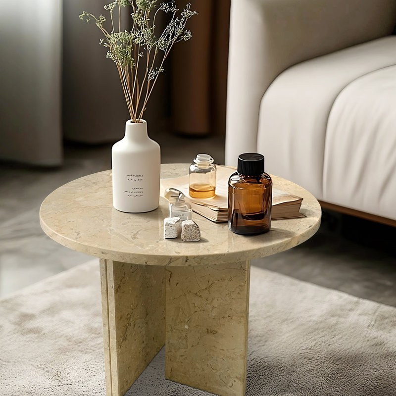 Petite table basse en marbre naturel, Beige/Gold, 15.8" H x 17.7" L x 17.7" W