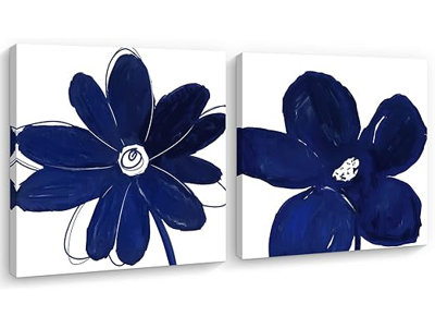 Blue Wall Art For Bathroom Decor, 2 Pieces Abstract Flower Painting Canvas Print Artwork Framed Set Blue Wall Decor For Bedroom, Small, 12X12 Inch X2pcs