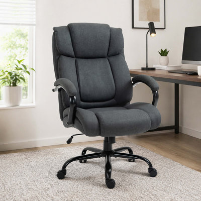 Grand et grand fauteuil de bureau de direction à haut dossier, fauteuil de travail pivotant en tissu respirant en lin avec rembourrage en éponge épaisse, hauteur réglable et fauteuil à bascule
