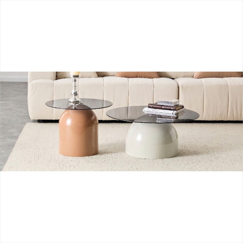 Ensemble de tables basses rondes gigognes avec dessus en verre et base en acier gris ardoise, 2 pièces peu encombrantes