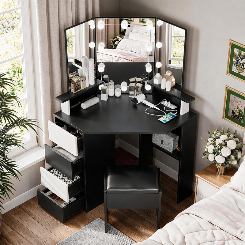 42 Inch Corner Vanity Mirror With Lights, Black