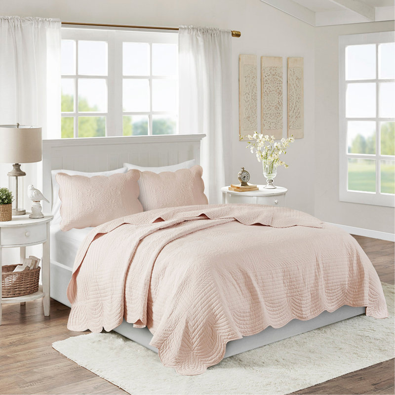 Ensemble de courtepointe réversible 3 pièces à bords festonnés, Courtepointe double et 2 taies décoratives, Rosé