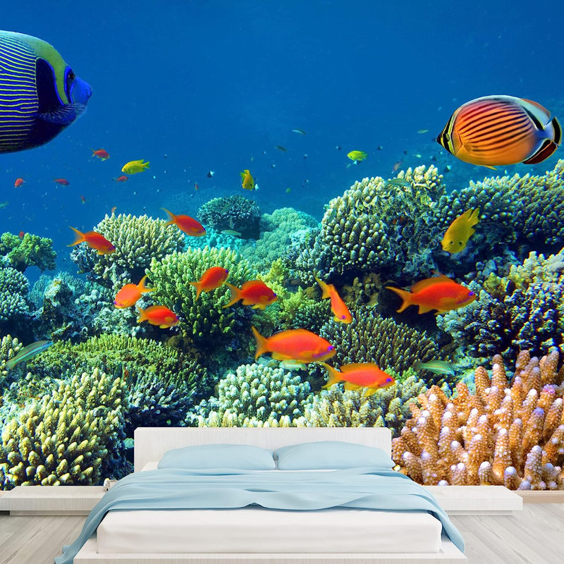 Adhésif mural tropical tropical bleu hippopotame, L 66 po x l 96 po