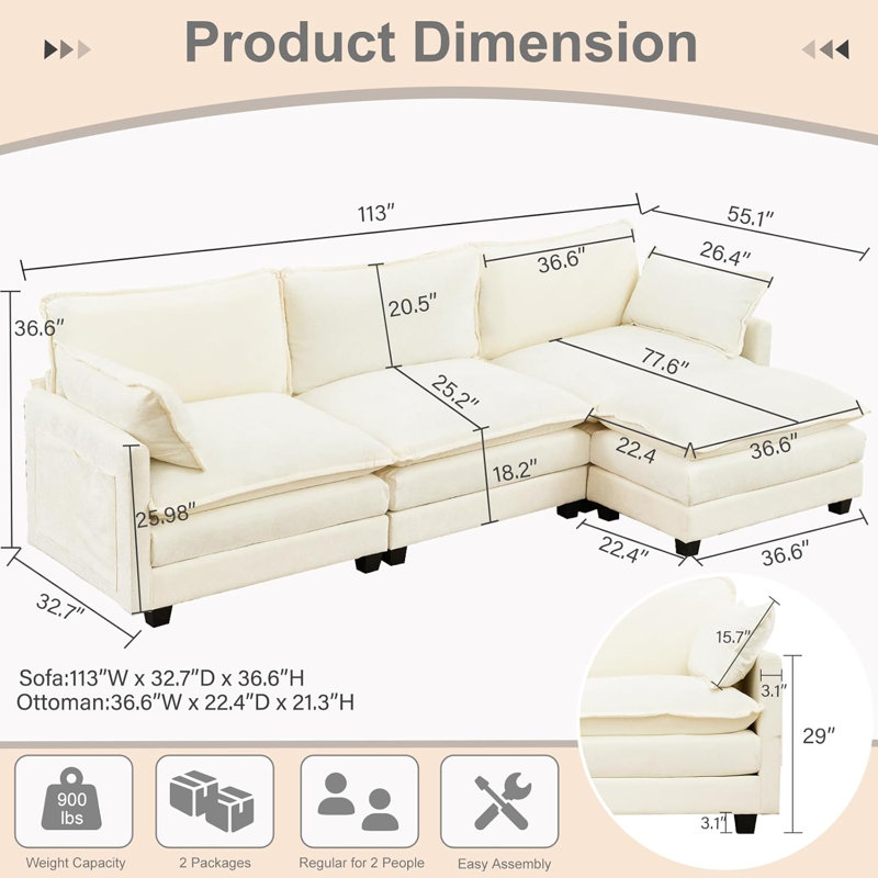 Jousha Upholstered L-Shaped Sectional Reversible, White