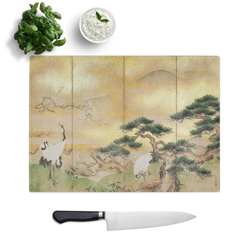 Tempered Glass Cranes Beside a Lake Chopping Board, 28.5 cm W x 20 cm L