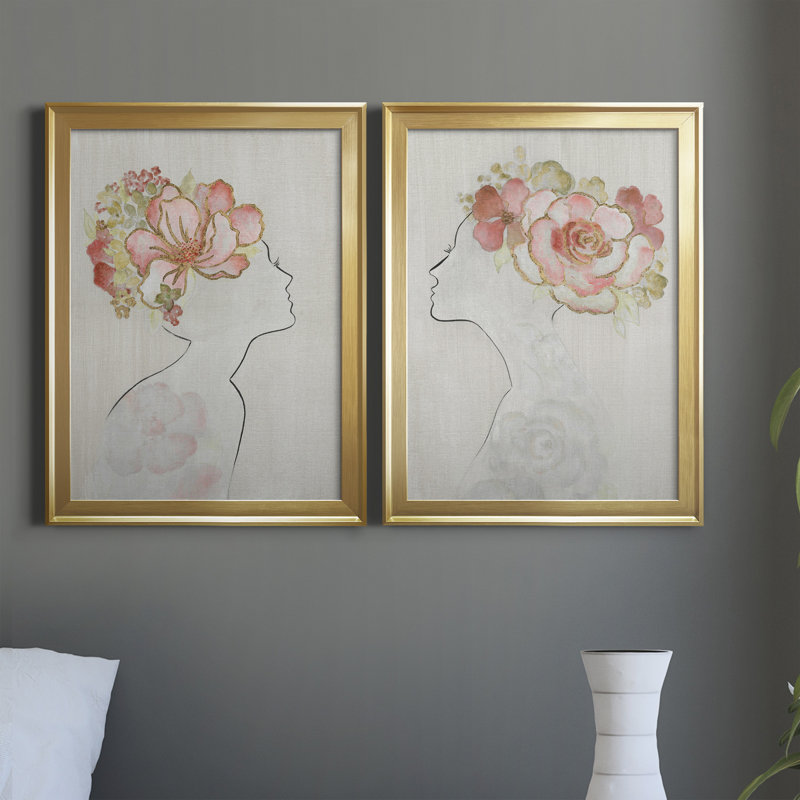 Fashion Floral Silhouette I - Ensemble de 2 peintures sur toiles, H 18,5 po x l 49 po x P 1,5 po, Toile avec cadre doré
