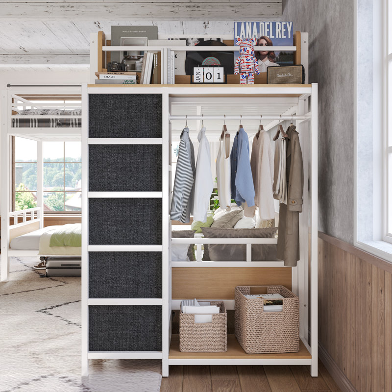 Lit superposé quadruple en métal pour 4 personnes avec tiroirs de rangement, garde-robe et tablettes ouvertes, blanc, Blanc