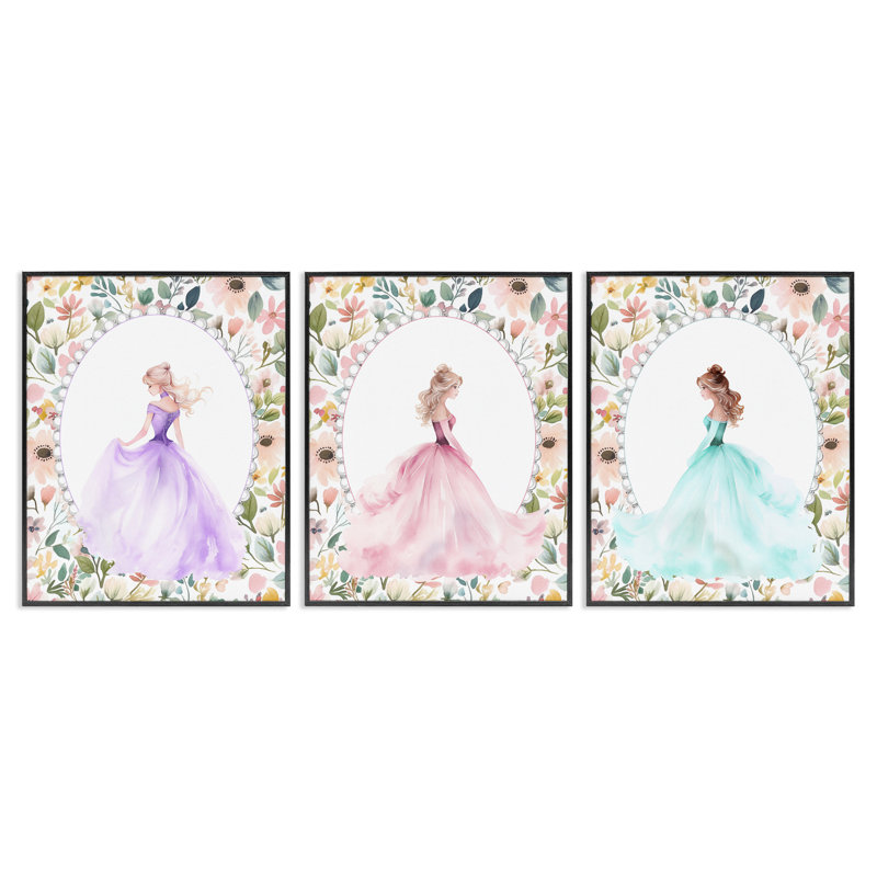 Princess Princess Pearls & Florals, ensemble de 3 giclées encadrées, design par Christine Simpson Art, H 14 po x l 11 po