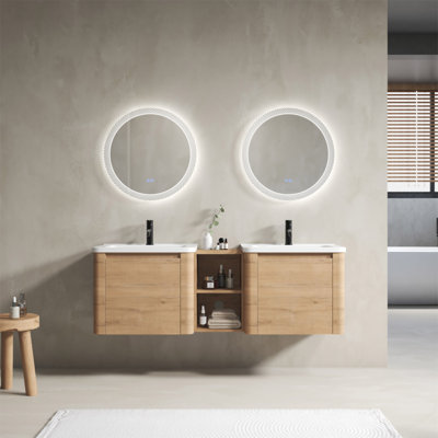 60'' Wall-Mounted Bathroom Vanity With White Ceramic Sink And Storage Shelves & 1-Soft-Close Door, KD-Packing, Plywood