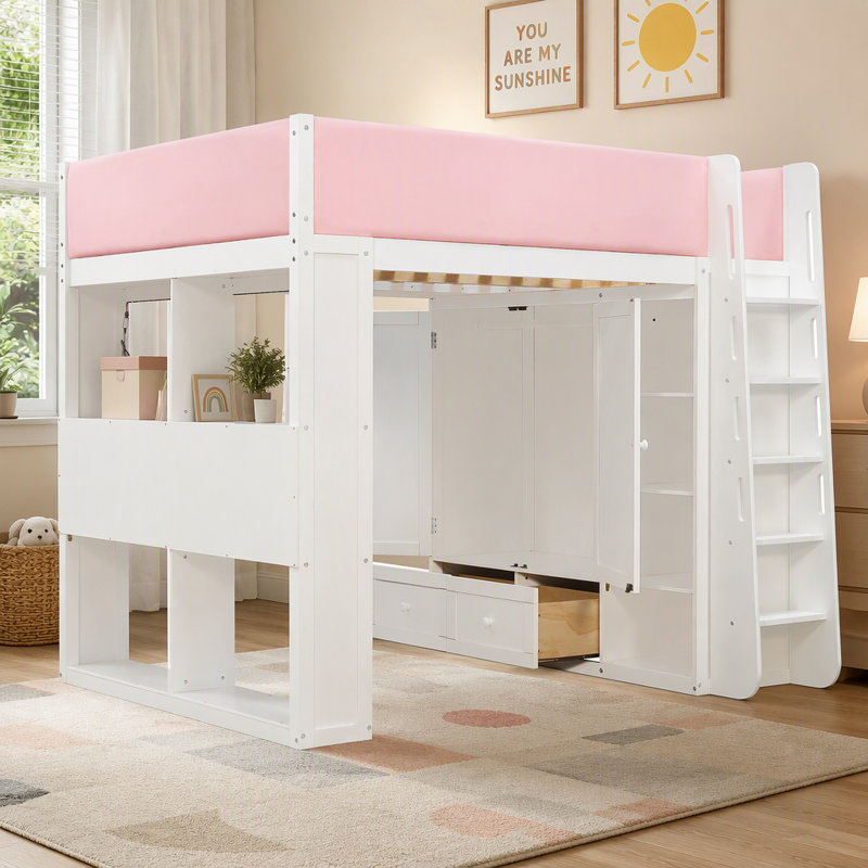 Lit mezzanine en bois massif de taille standard avec barrières de sécurité entièrement recouvertes de cuir PU rembourrés