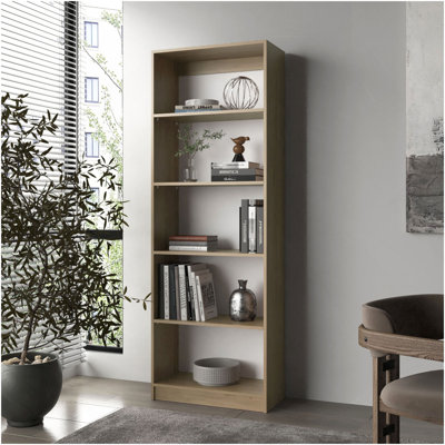 Bibliothèque Dam avec rangement ouvert et 5 tablettes, chêne naturel et blanc