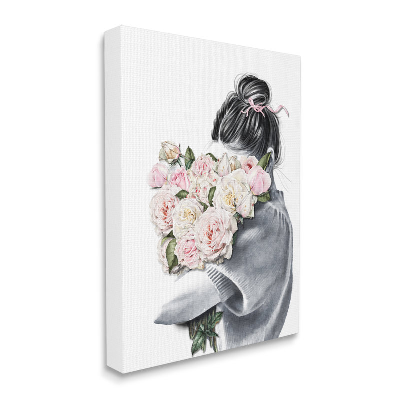 Femme avec bouquet de fleurs roses, Toile tendue, H 48 po x l 36 po