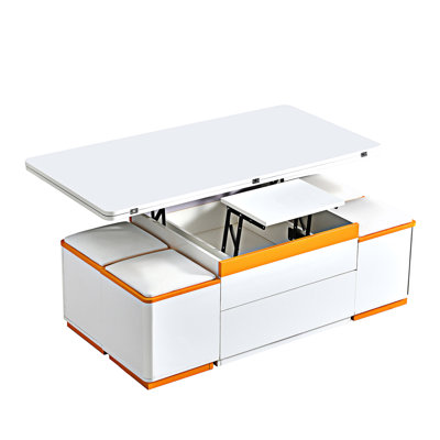 Table basse à plateau relevable avec tabourets de rangement et plateau pliable