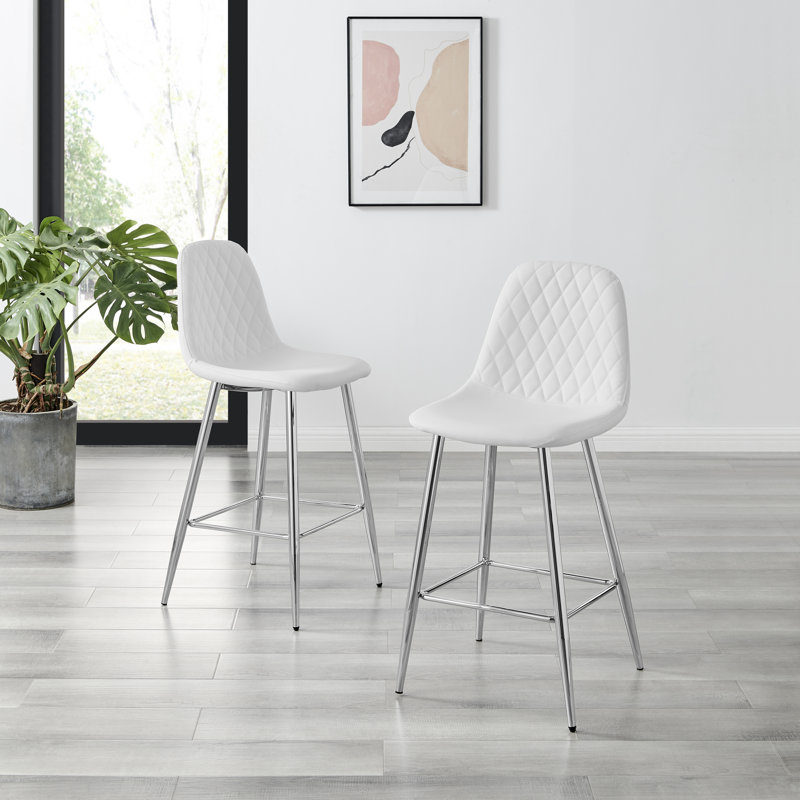Corova Faux Leather Modern Kitchen Bar Stools - Upholstered Design, Silver, White