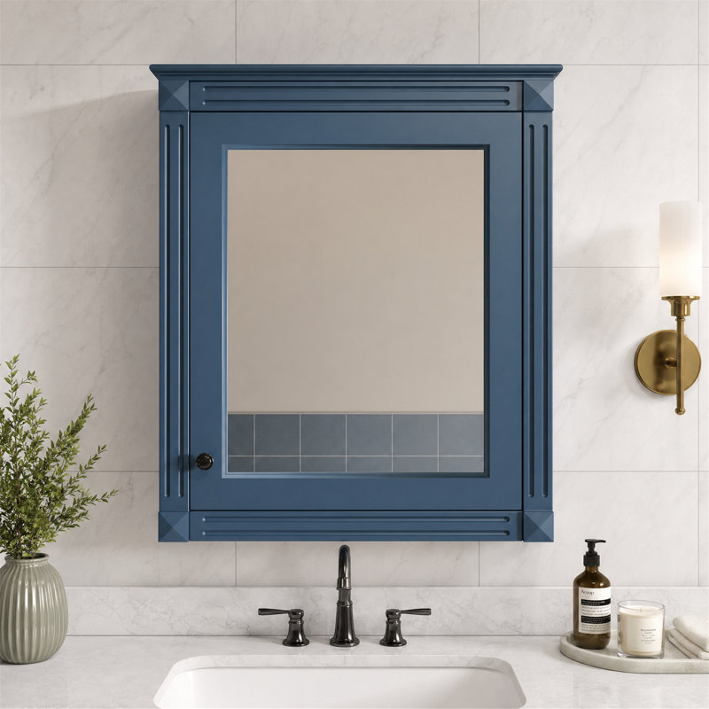 Armoire à pharmacie murale pour salle de bain avec miroir et étagère réglable, bleue, Bleu