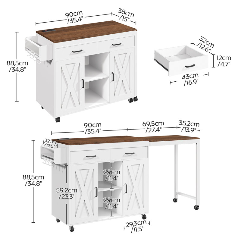 62.8"Farmhouse Kitchen Island with Extendable Dining Table and Outlets & Switch, 2 Drawers and 2 Doors Cabinet For Kitchen