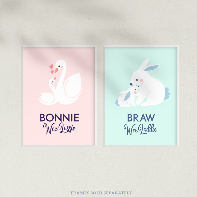 Scottish Kids Baby Nursery Bonnie Boy Girl Lassie Laddie Swan Bunny - 2 Piece No Frame Print Set, 29.7cm H x 21cm W x 0.4cm D
