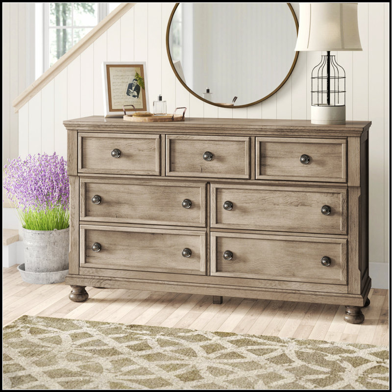 Commode classique à 7 tiroirs avec plateau à bijoux, design traditionnel et finition grise pour un rangement élégant