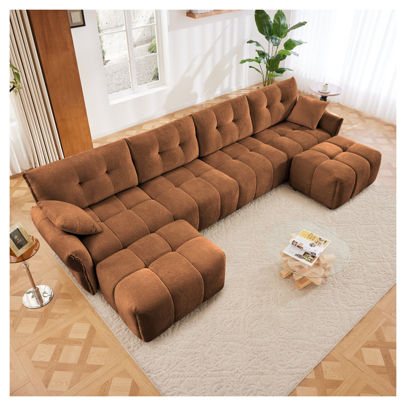 Ensemble de canapé modulaire orange brûlé 4 places avec 2 repose-pieds, salon en chenille de qualité supérieure, Orange
