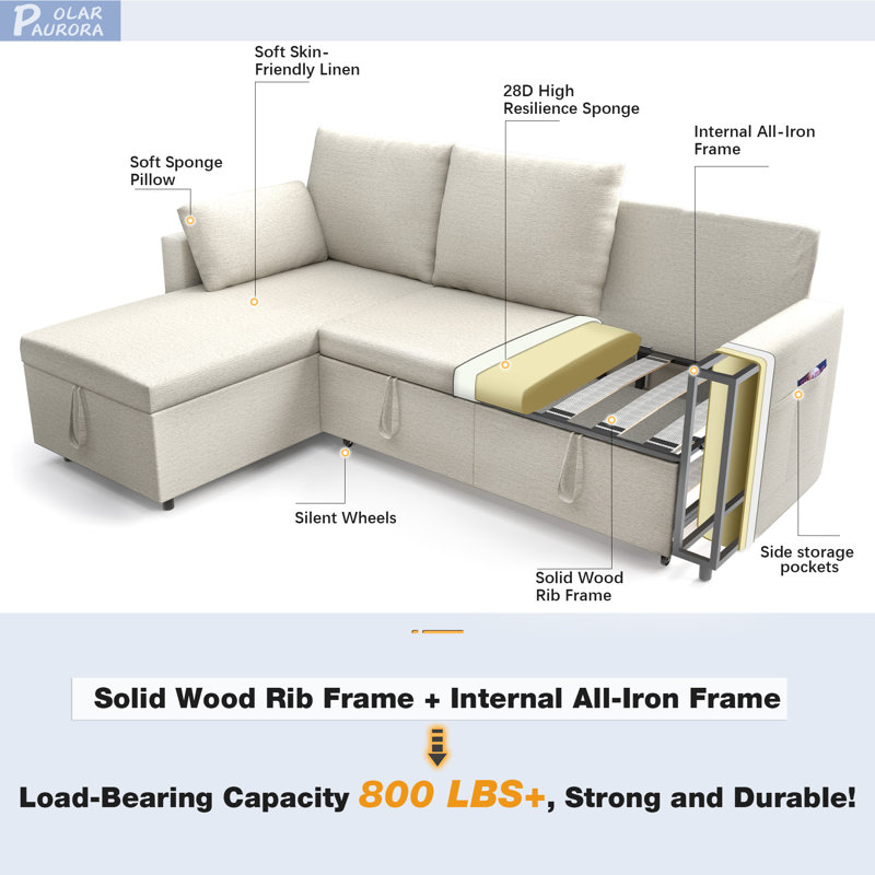 Lit-couchette moelleux, canapé-lit escamotable avec méridienne de rangement, canapé-lit futon à structure en fer (lin, beige)