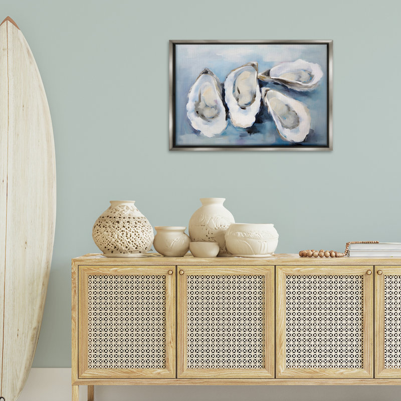 «Four Oysters Impression» par Petal Prints Design, Cadre flottant gris lustré, H 21 po x l 31 po