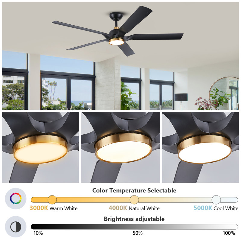 60" 5 Abs Blade Propeller Classic Ceiling Fan With Led Lights And Remote Control, 6 Speeds Reversible Dc Motor, 3 Color Lights, Timer, Suitable For Bedroom, Patios, Living Room, Balcony
