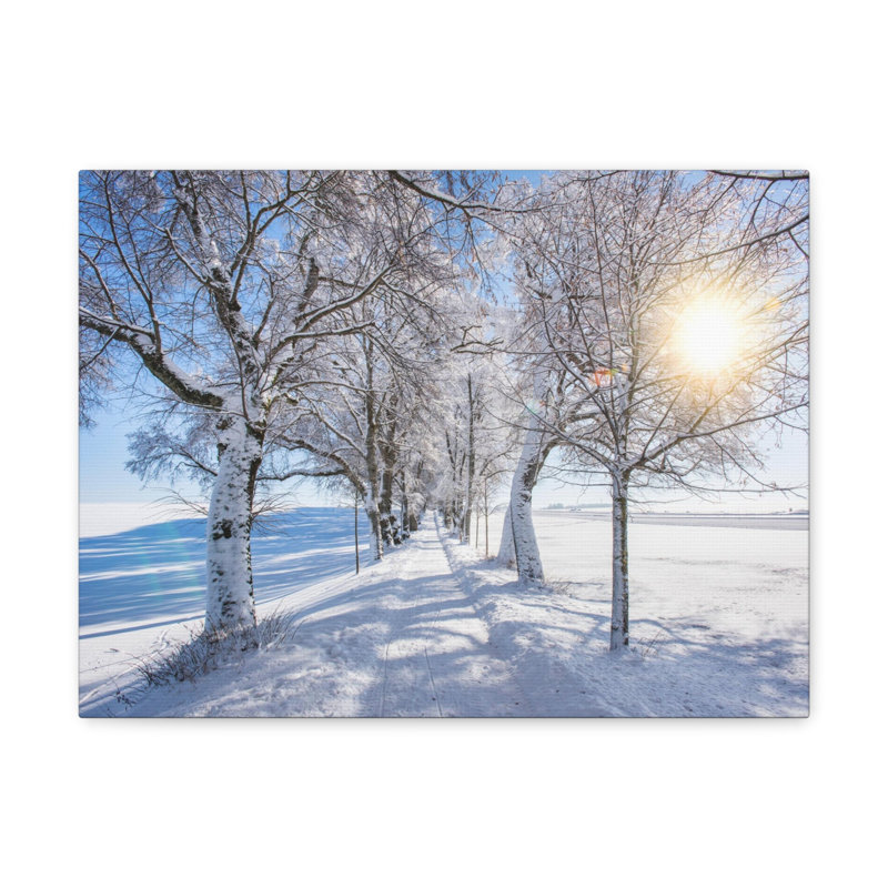 Petit sentier en hiver à travers les arbres, art mural sur toile