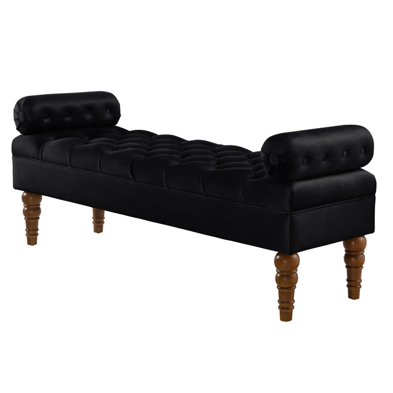Button Velvet Bench For Bedroom - Wood Black Living Room Furniture Upholstered Soft Construction, Black