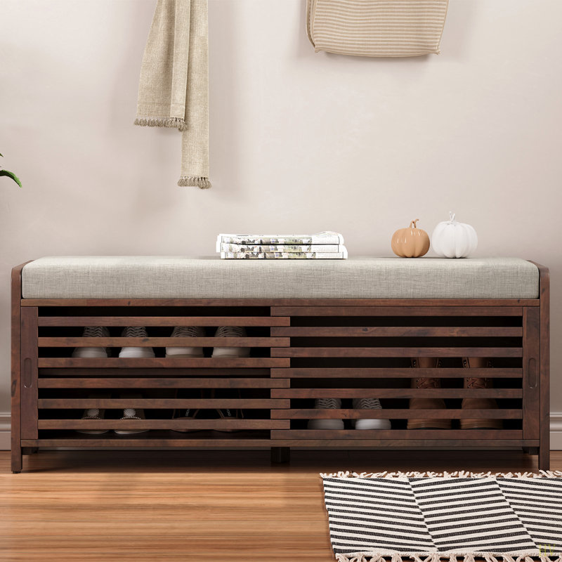 Banc à chaussures avec rangement et coussin, banc de rangement à volets avec charme pour le salon, vestibule, Noyer