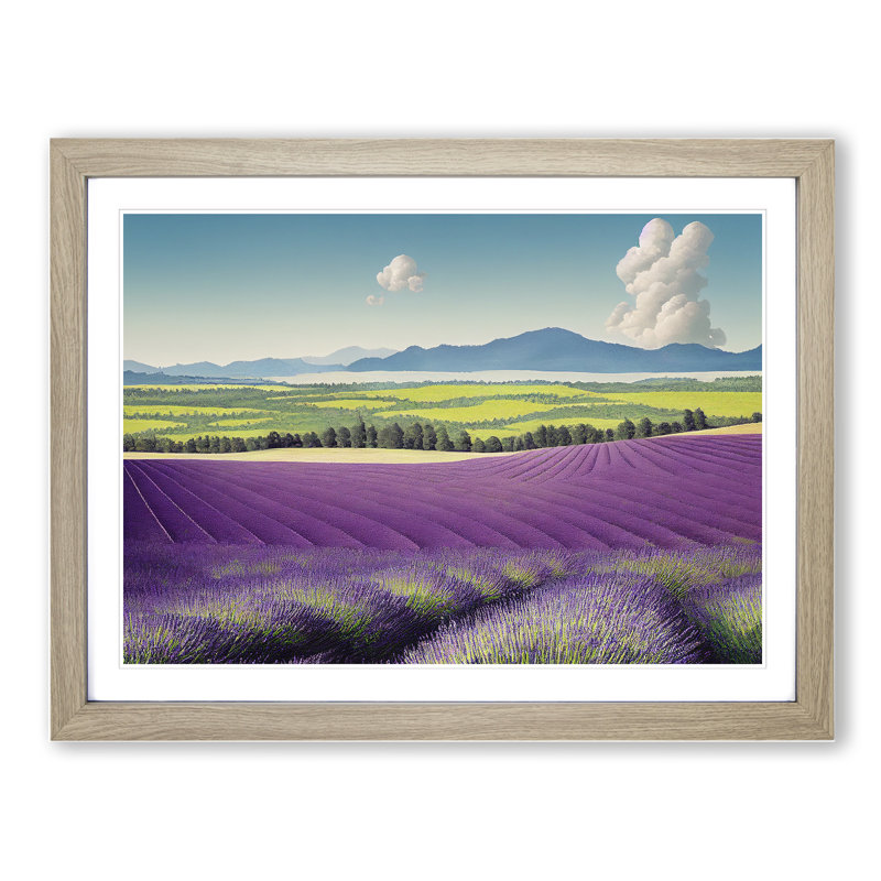 Evolving Lavender Flower Field Floater Frame Painting - Framed Print, 25cm H x 34cm W x 2cm D, Oak