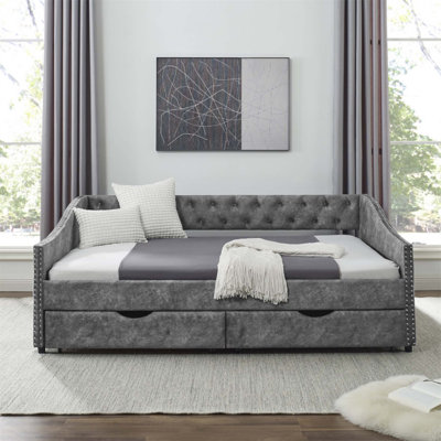 Full Size Daybed with Spacious Drawers, Tufted Upholstery, and Elegant Waved Arms, Perfect for Modern and Cozy Living Spaces