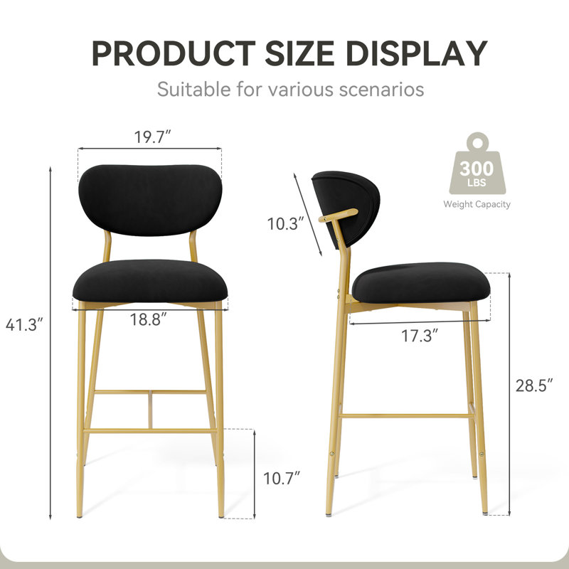 Bar Height Bar Stools Set Of 2, Velvet Ergonomic Modern Counter Stool With Back, Comfy Bar Chairs With Powder Sprayed Golden Metal Legs