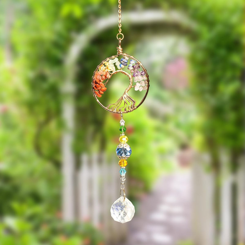 3 pièces Arbre de vie suspendu cristal de chakra doré avec prismes