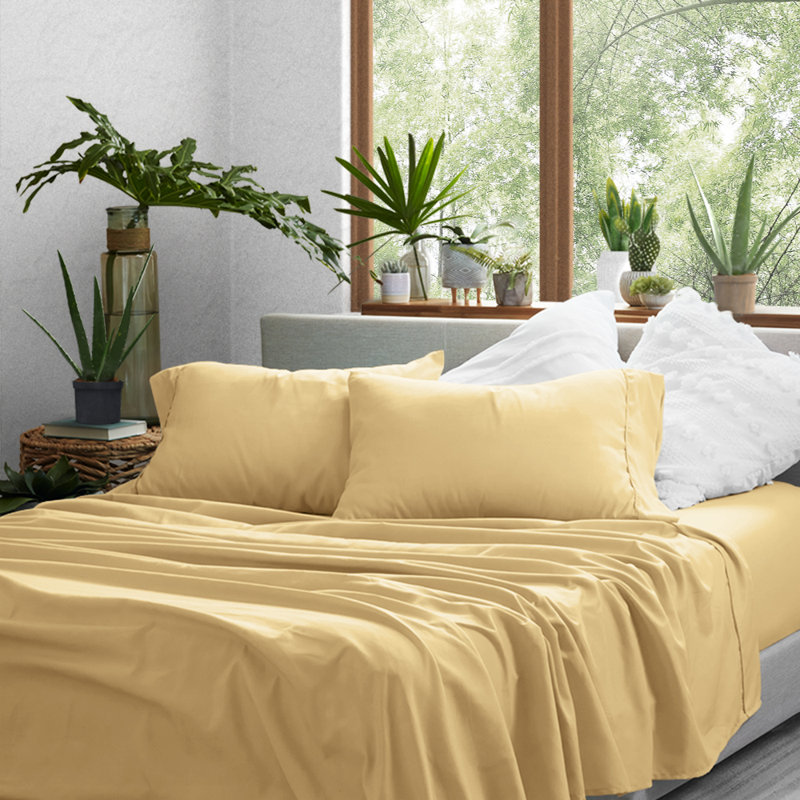 Sateen Double Brushed Microfiber Sheet Set, King Sheet Set + Fitted Sheet + 2 Pillowcases, Honey