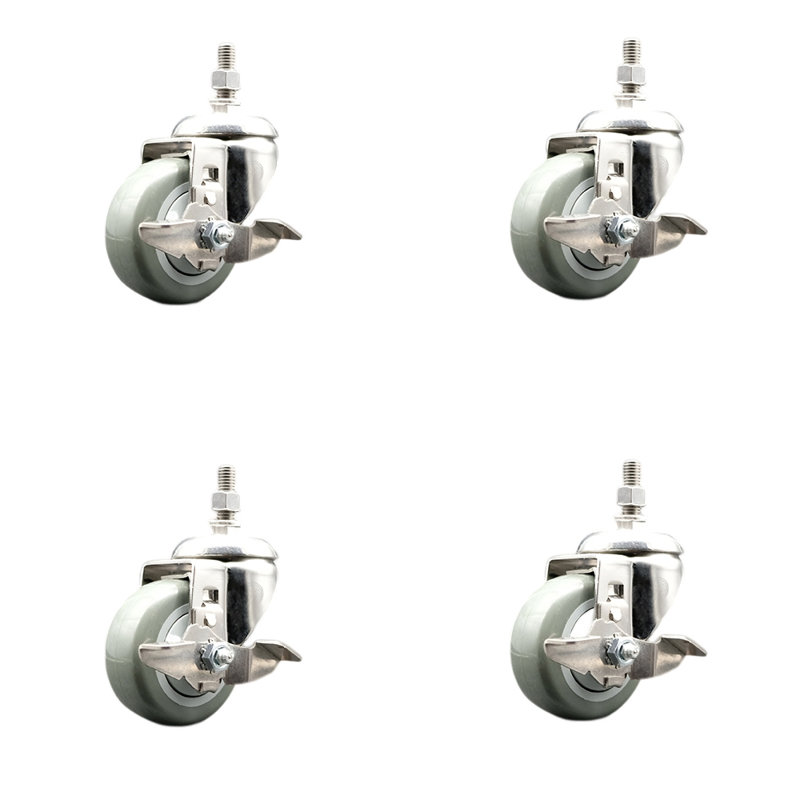 316SS Polyurethane Swivel Threaded Stem Caster Set Brake