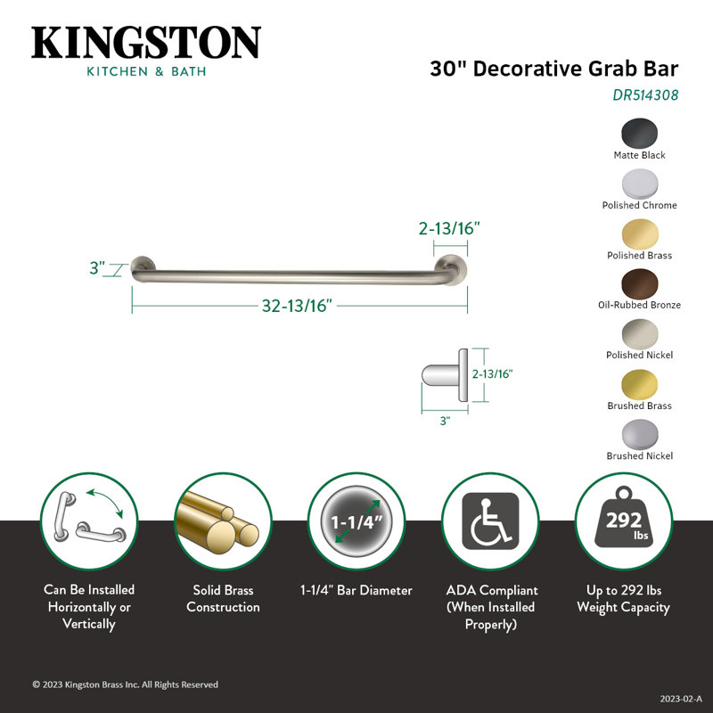 Kingston Brass Meridian 1-1/4 Inch O.D Grab Bar, Matte Black, 2.81" H x 32.81" L