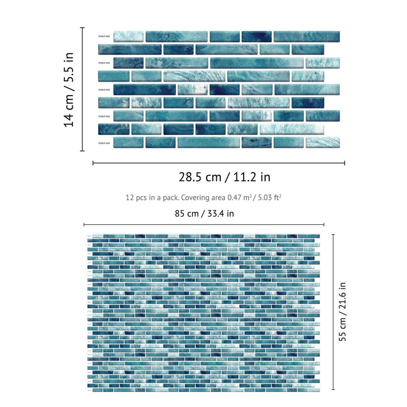Self Adhesive Light Marble Long Mosaic Wall Tile Sticker 14cm x 28.5cm, Turquoise/White