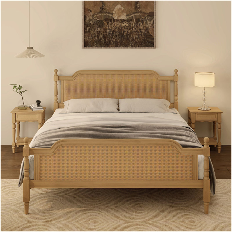 Structure de lit en rotin de style traditionnel pour grand lit, sans sommier tapissier, noyer antique, Grand lit, Noyer