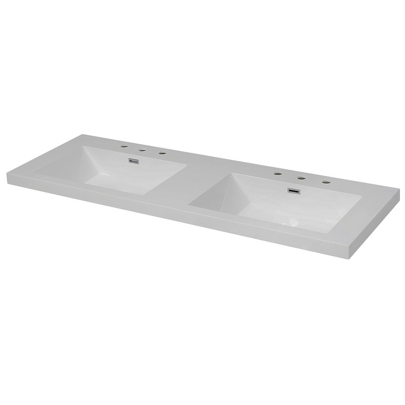 Meuble-lavabo en résine 60 po pour salle de bain, avec lavabos doubles encastrés rectangulaires, trous de robinet de 8 po, comptoir de meuble-lavabo seulement, blanc éclatant