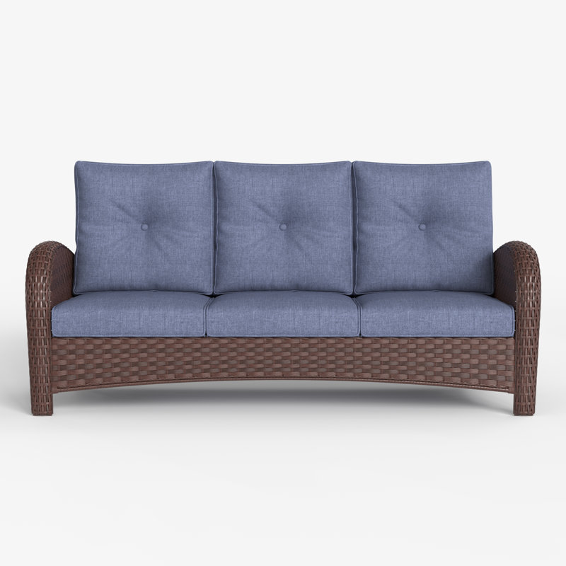 Outdoor Wicker Patio Sofa 3-seater, Brown, Navy