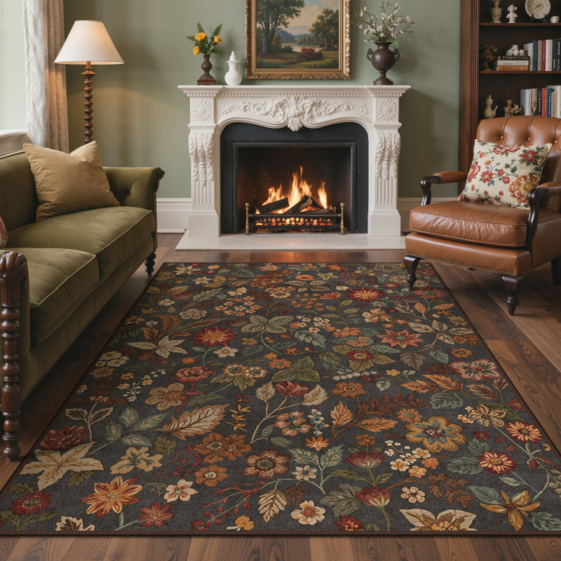 Tapis d'intérieur à motif floral lavable à la machine avec envers antidérapant Ammons Veridia, Rectangle 6' x 9'